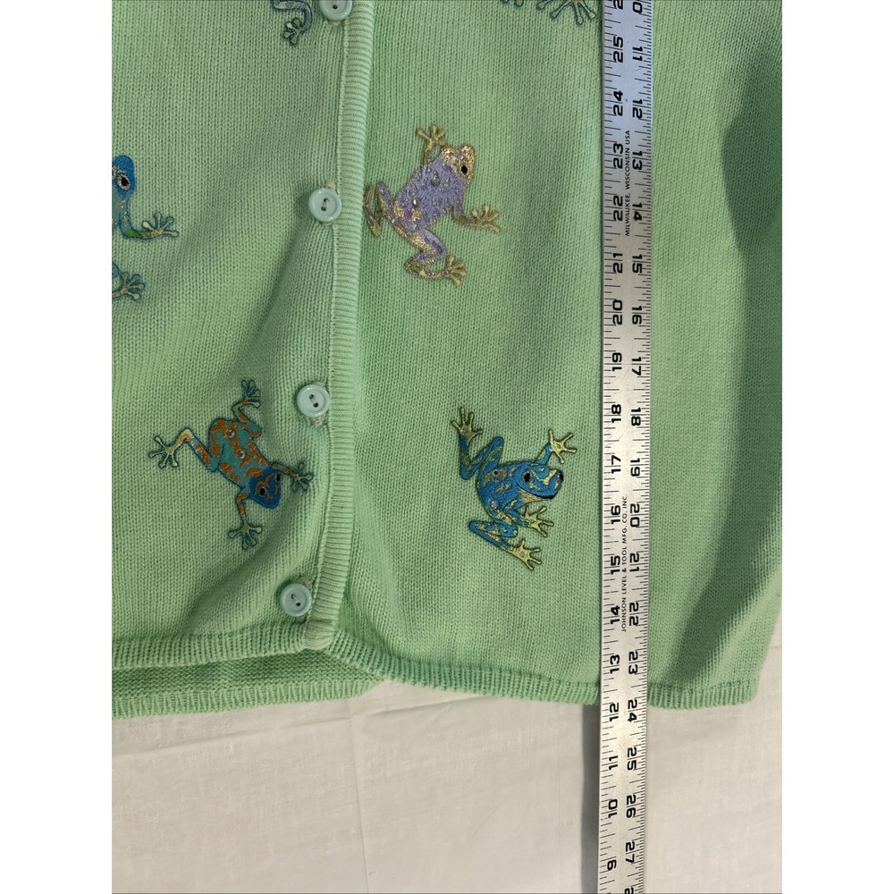 Vtg Tia Womens Grandma Cardigan Sweater Size L Frogs Mint Green Grannycore - Picture 6 of 8